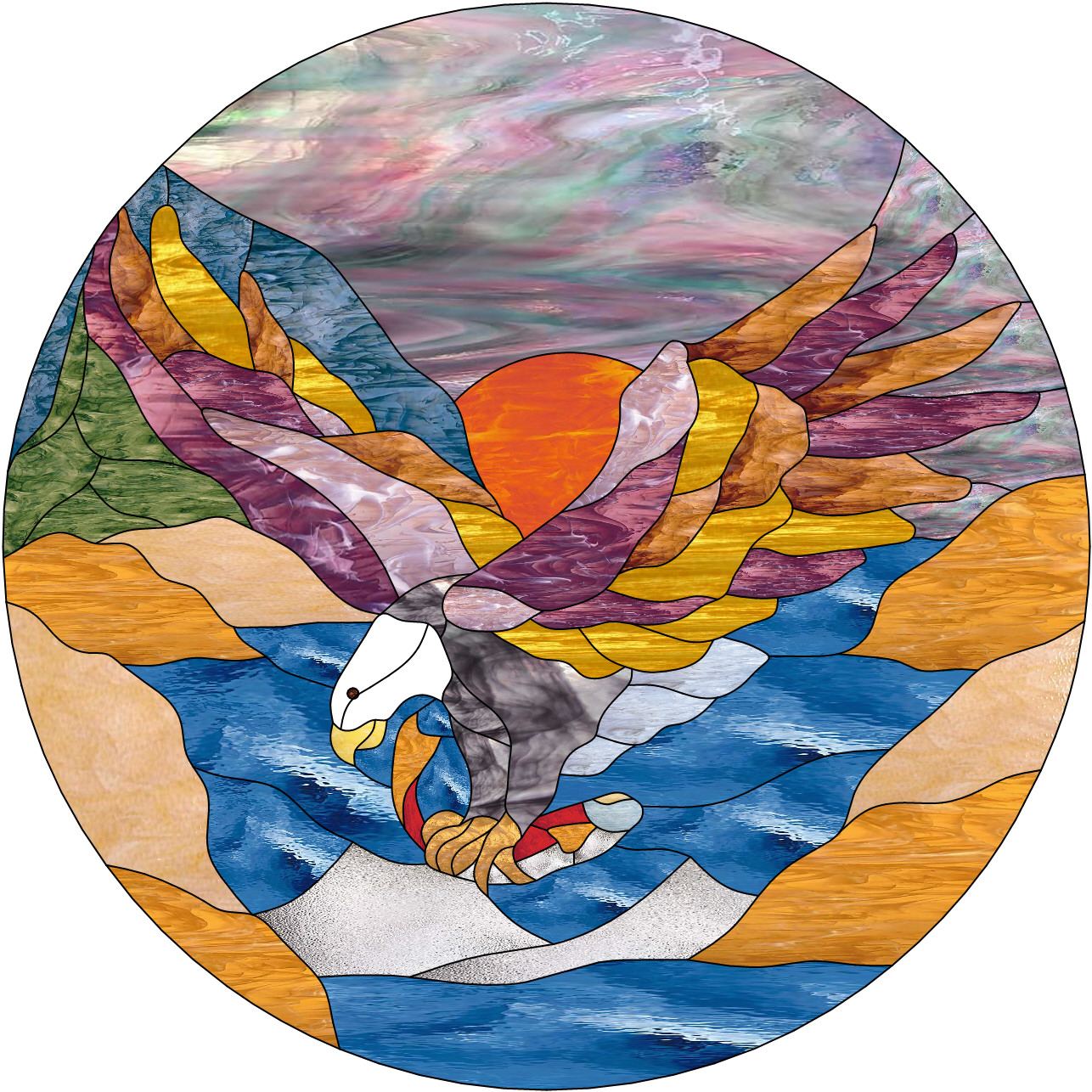 Alaskan Eagle & Stream Stained Glass Window (Also available insulated