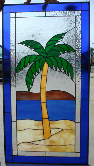 Island Palm Tree Leaded Stained Glass Window Panel