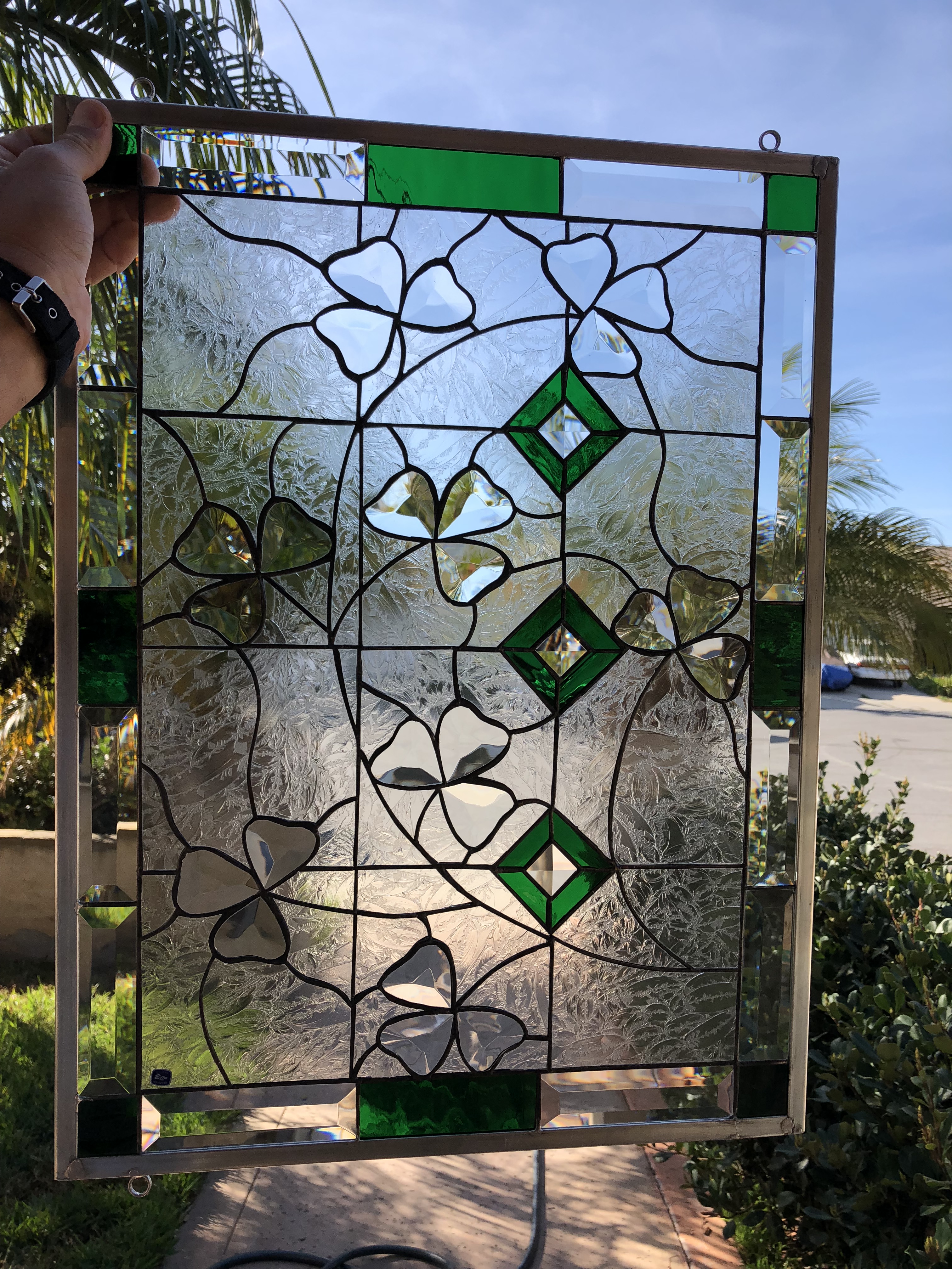 Beveled Shamrocks Leaded Stained Glass Window Panel