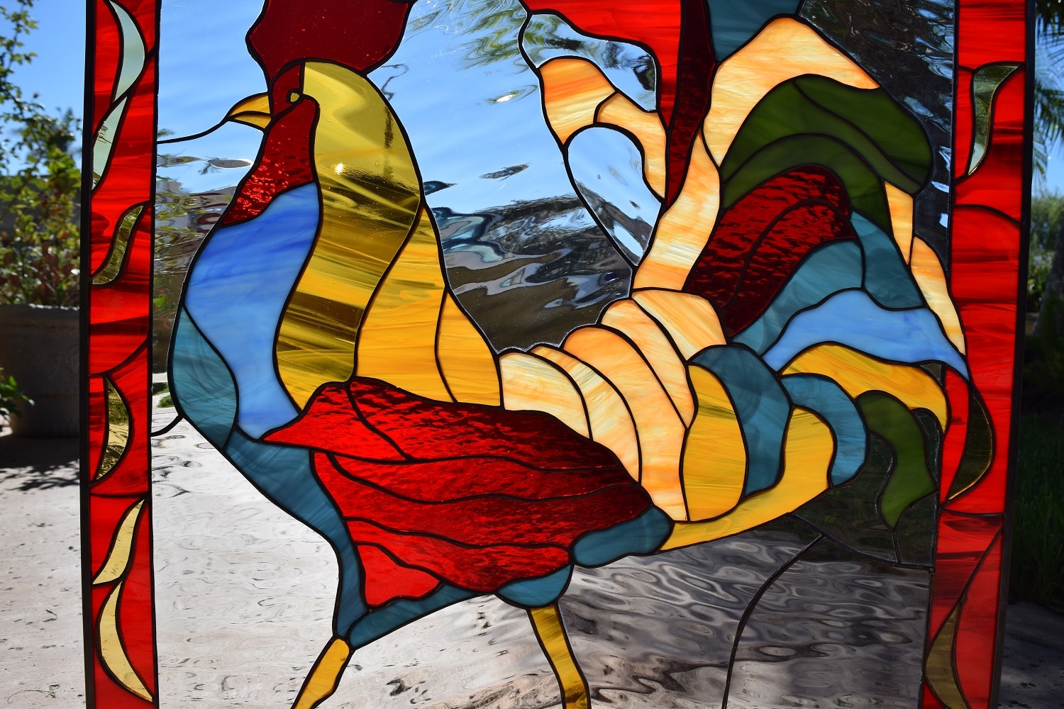 Colorful Rooster Leaded Stained Glass Window Panel