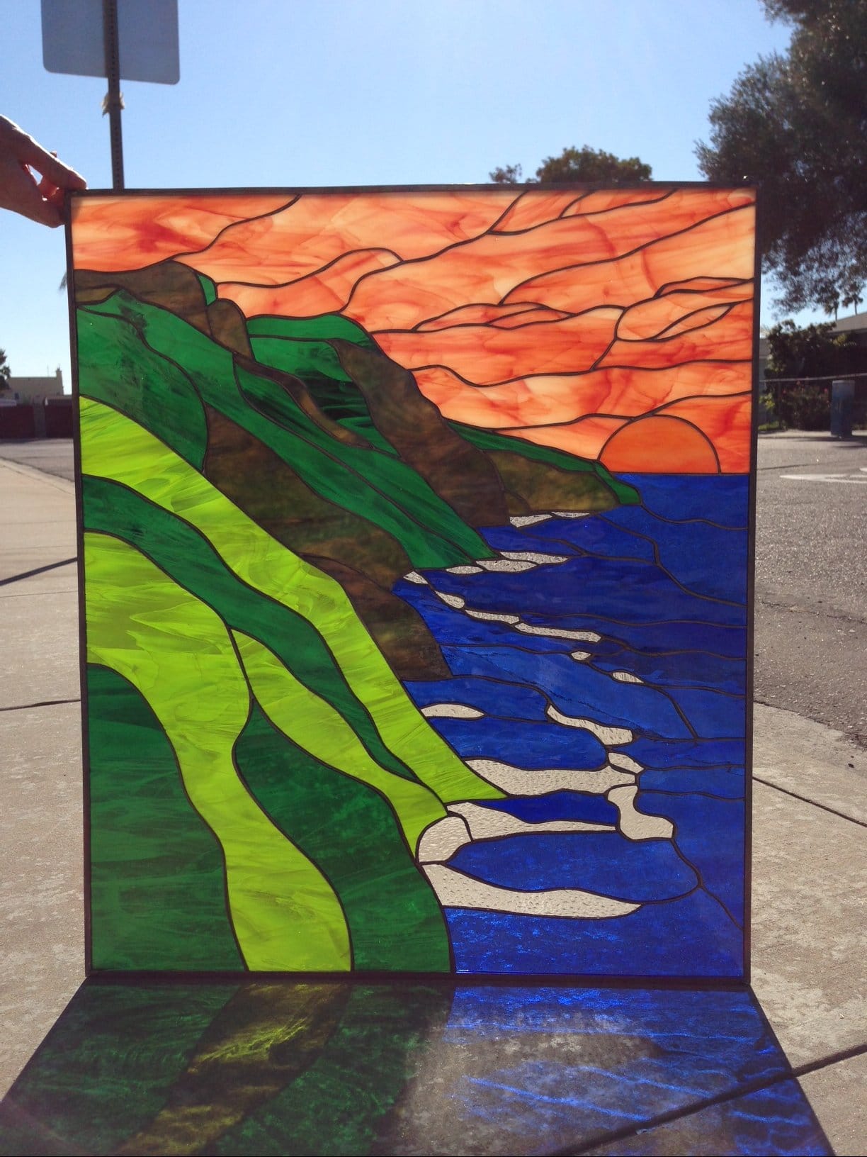 Kauai Coastline & Sunset Stained Glass Window Panel