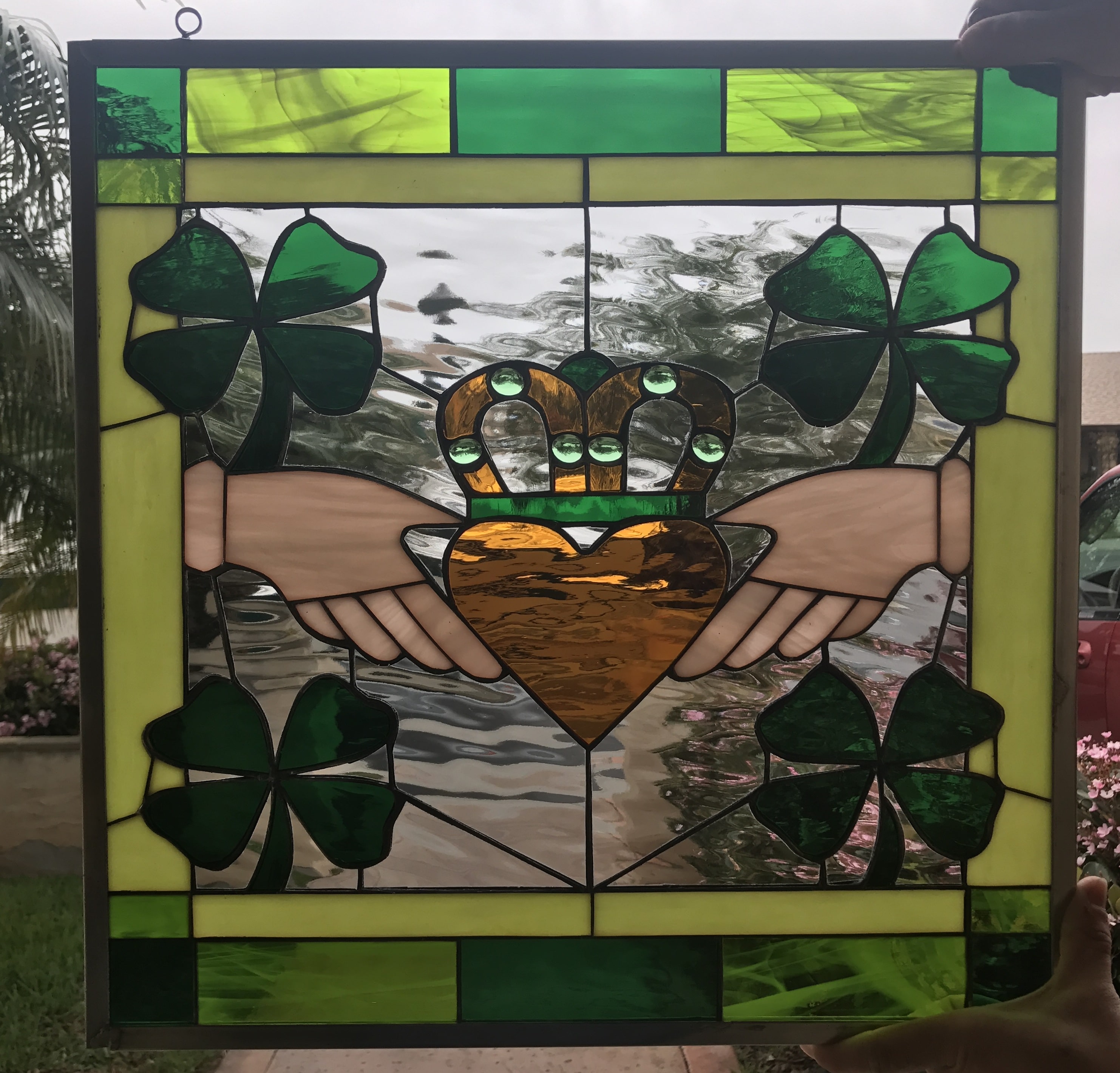 Irish Claddagh Ring Leaded Stained Glass Window panel (Also available