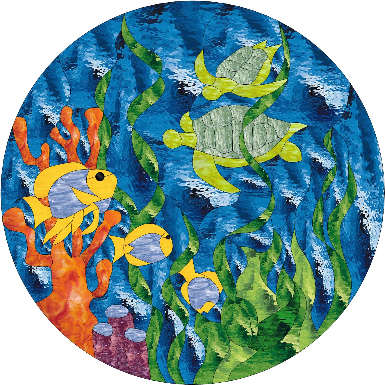 Turtles & Coral Stained Glass Window Panel