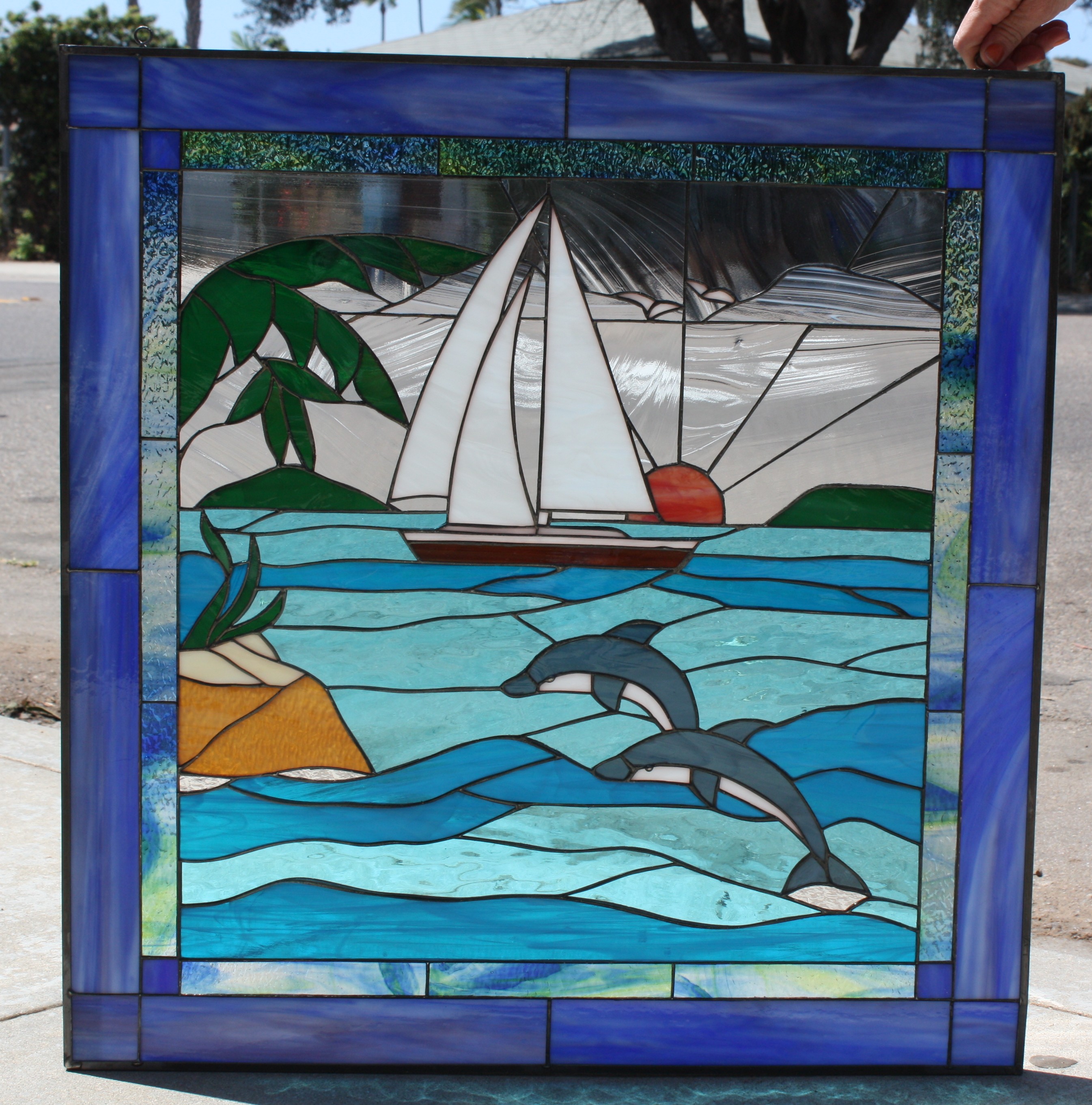 West Coast Dolphins Leaded Stained Glass Window Panel (Also available insulated and pre