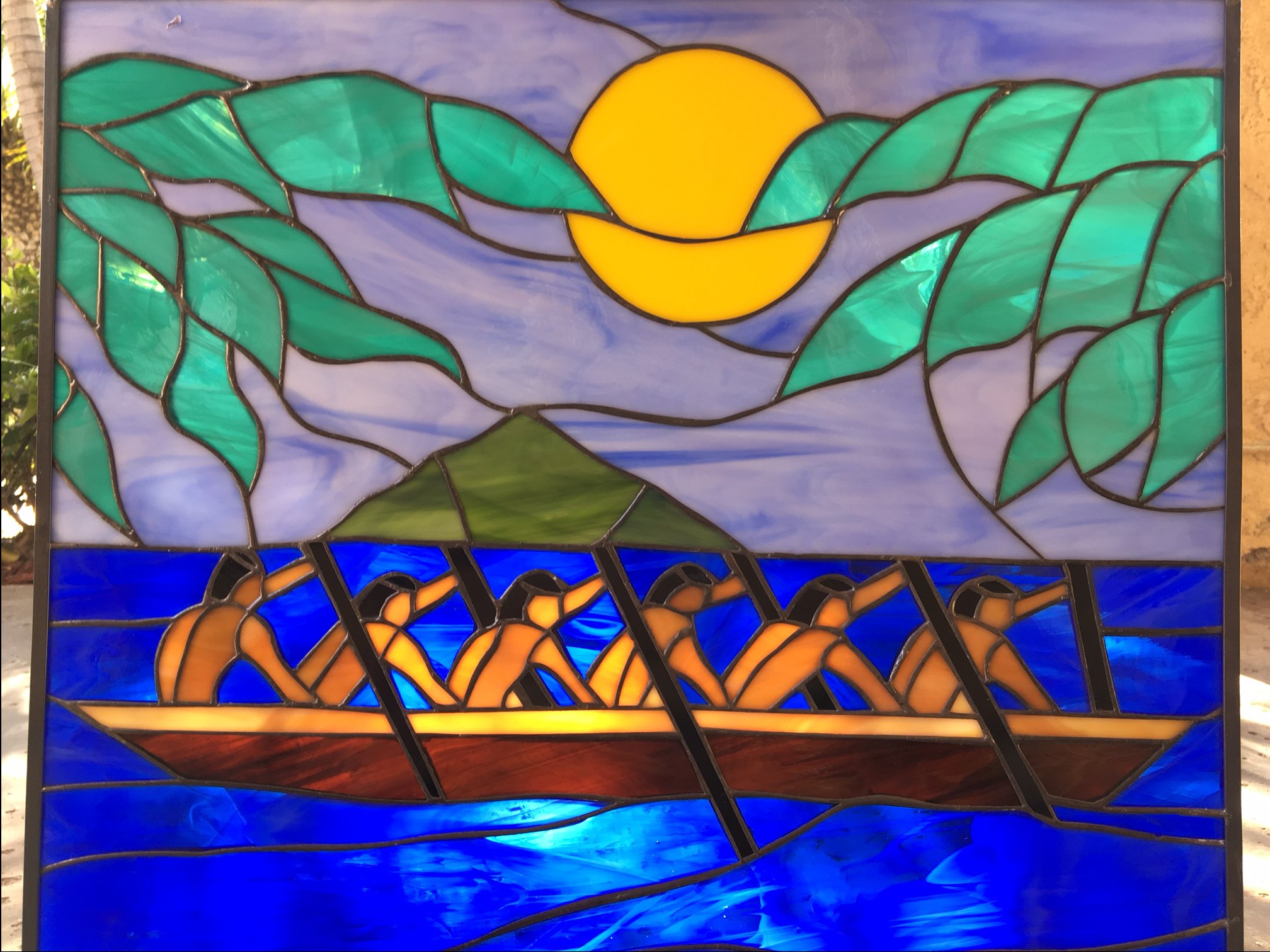 Hawaiian Paddlers Stained Glass Leaded Window Panel