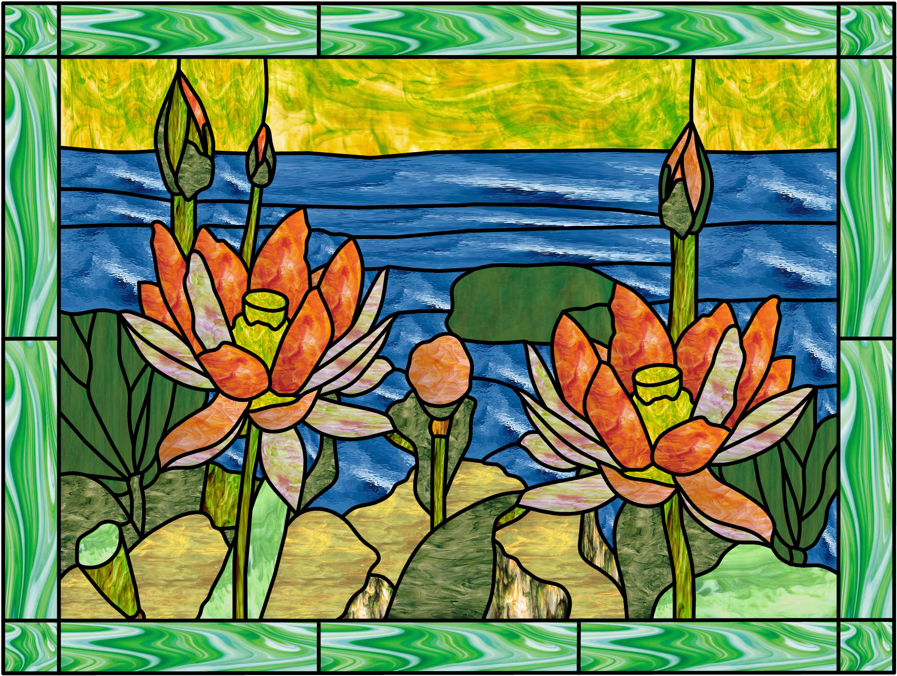 Lotus Flowers & Lake Stained Glass Window Panel - StainedGlassWindows.com