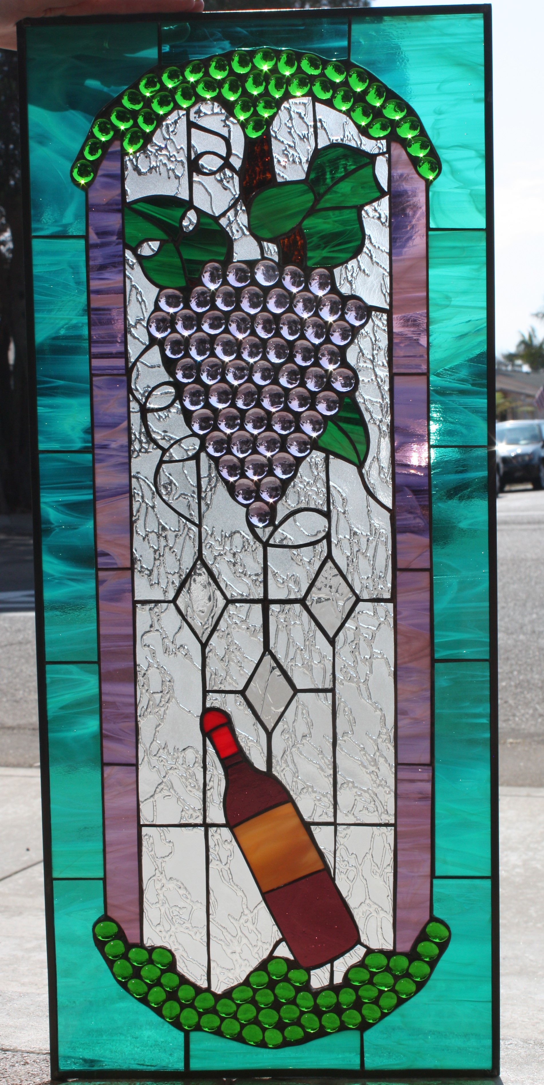 Wine Bottle, Diamonds & Grapes Leaded Stained Glass Window Panel (Also available insulated and