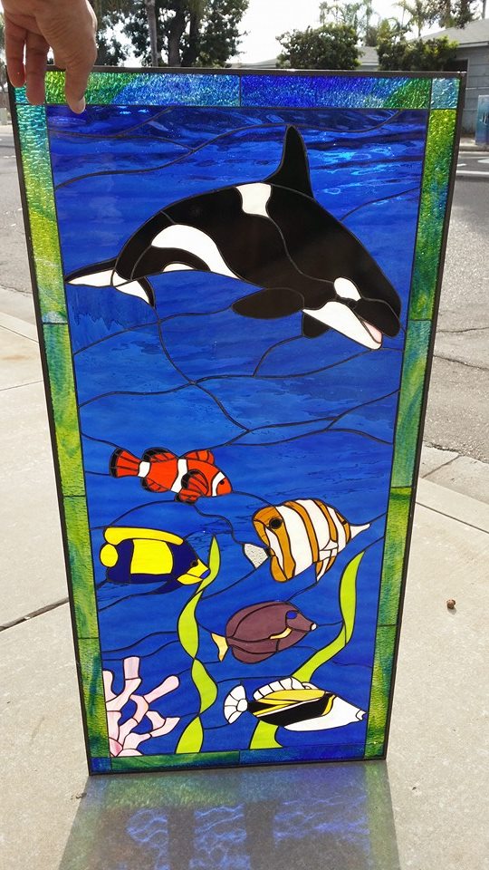 Orca whale & Clown, & Triggerfish Leaded Stained Glass leaded Window
