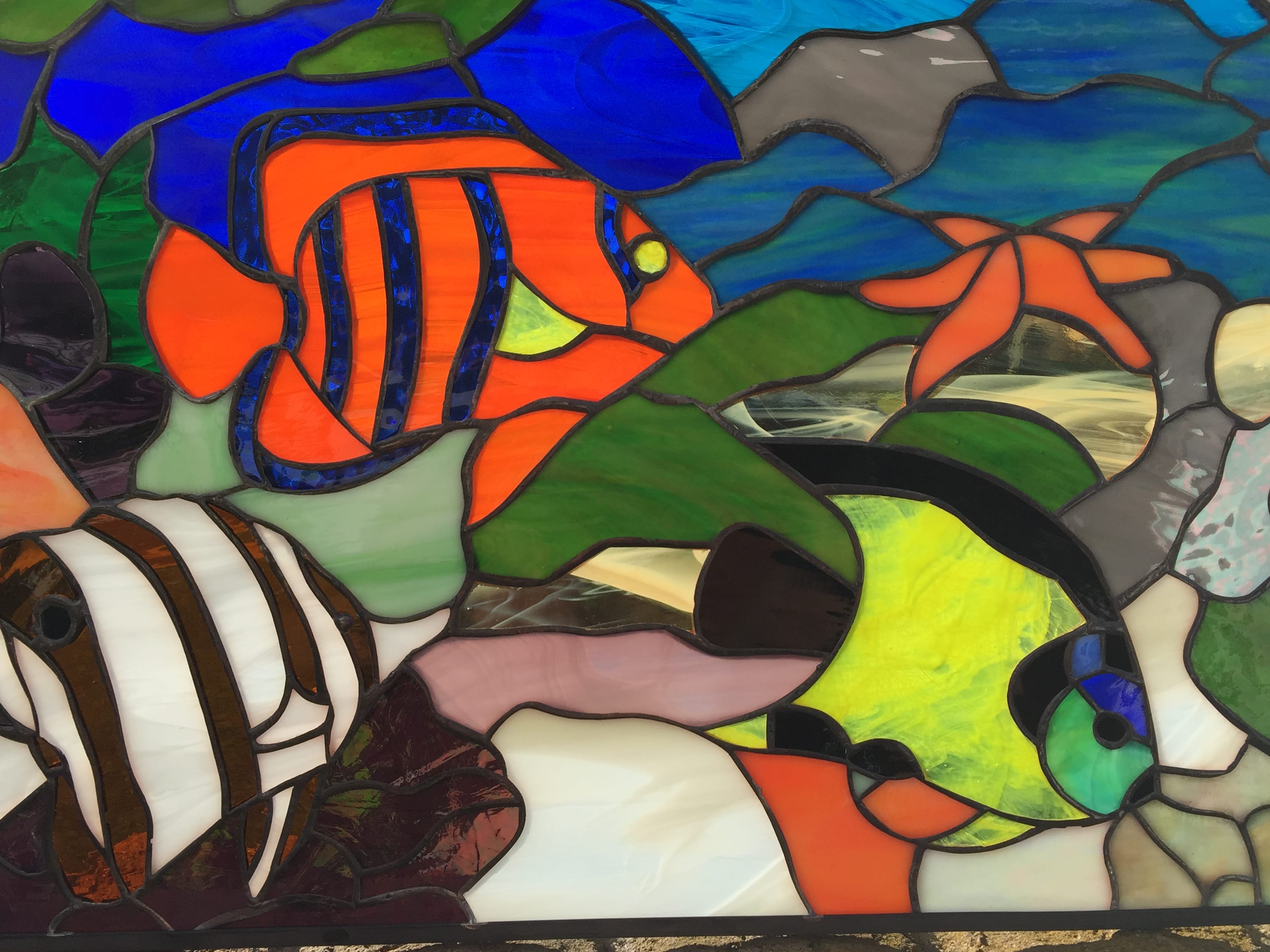 Colorful Sea Coral, Clownfish & Turtle Leaded Stained Glass Window