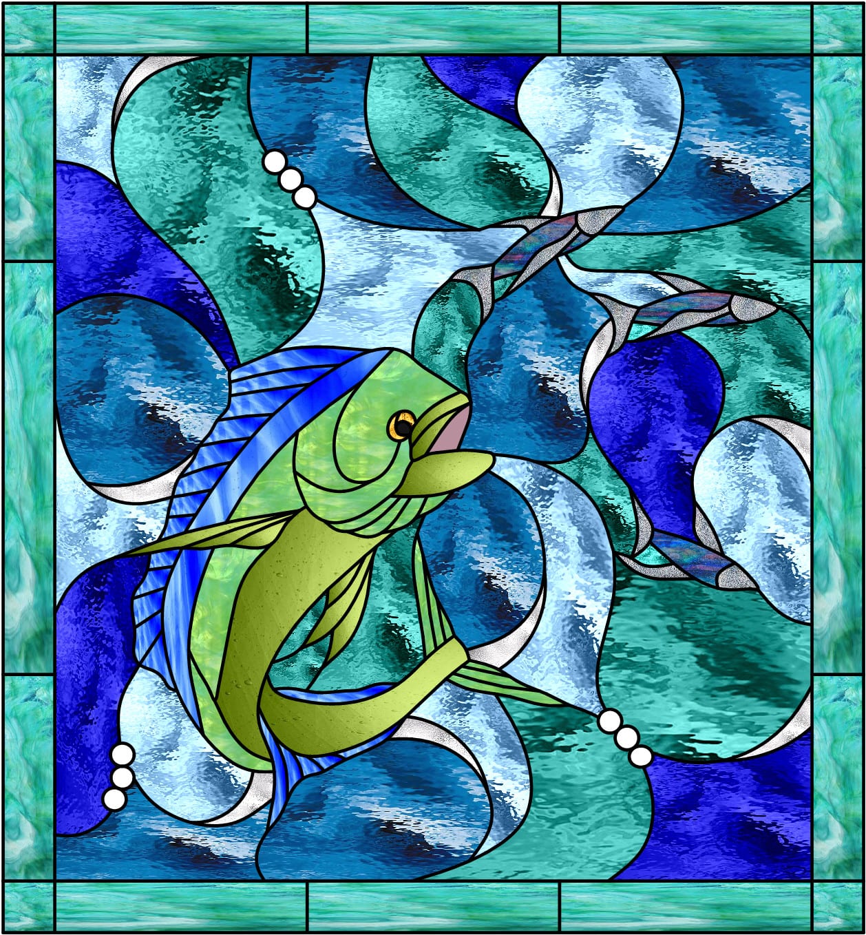 Incredible!! Mahi & Malolo (Hawaiian Flying Fish) Leaded Stained Glass Window Panel (Also