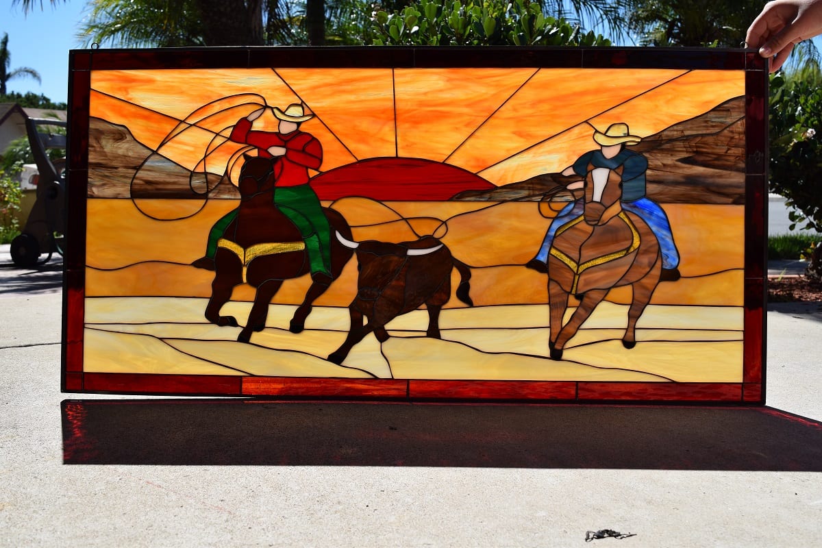 Unique! Cowboys Calf Roping At Sunset Leaded Stained Glass Window Panel