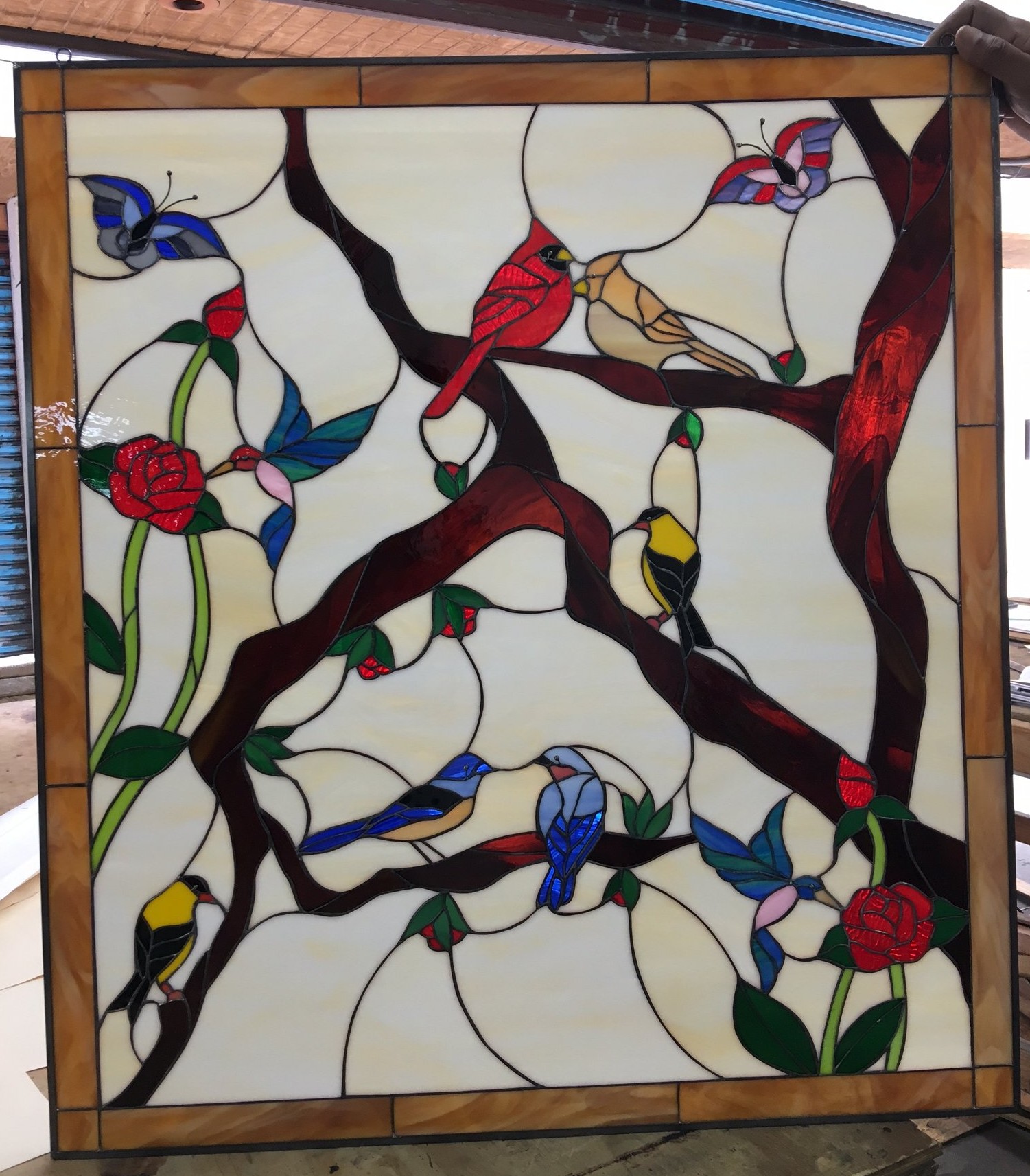 Lovely! "Birds, Butterflies And Roses" Leaded Stained Glass Window