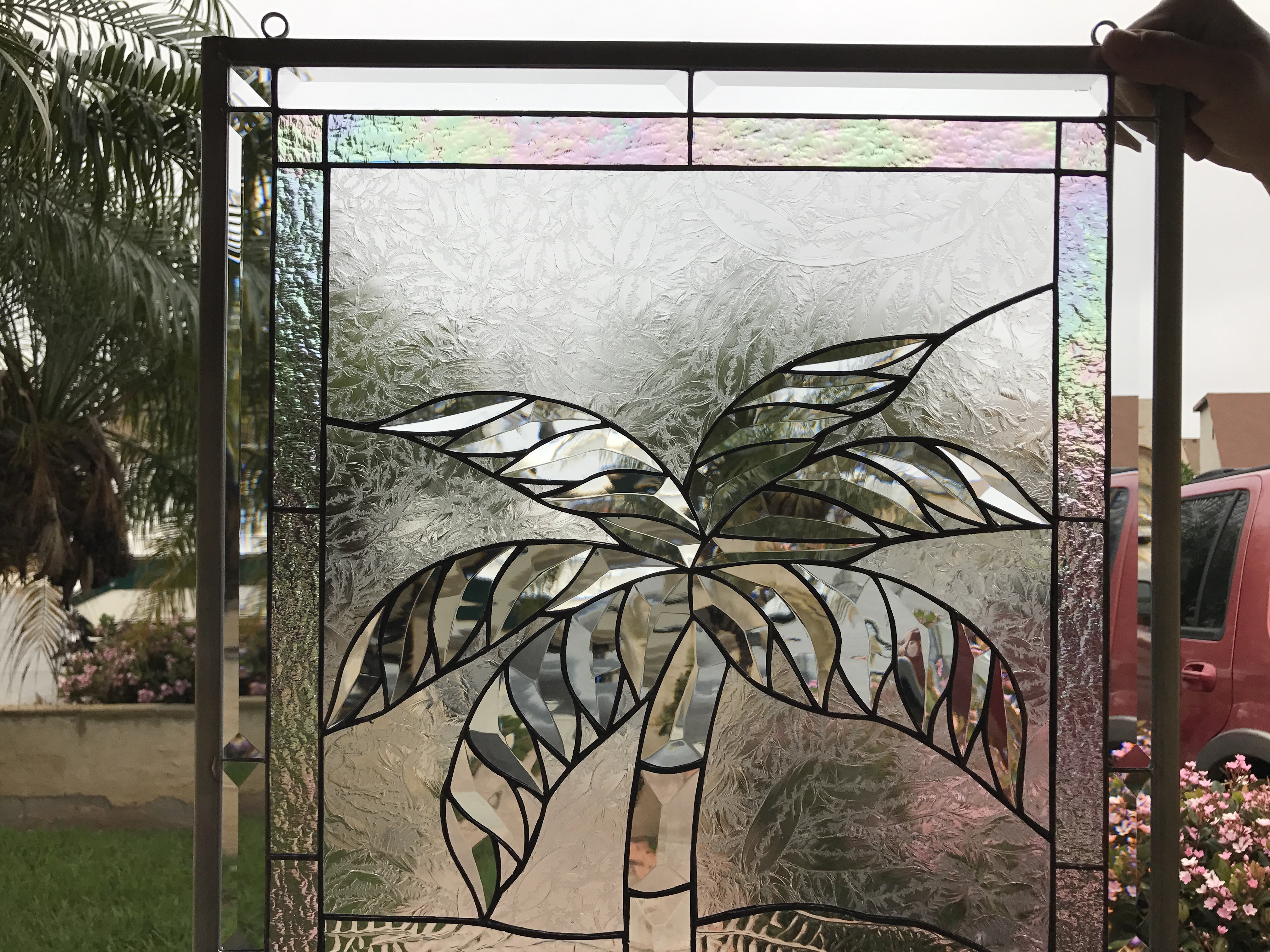 All Clear Palm Tree & Beveled Leaded Glass Window