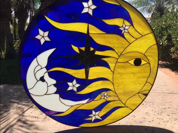 So Pretty Crescent Moon Sun Stars Leaded Stained Glass Window