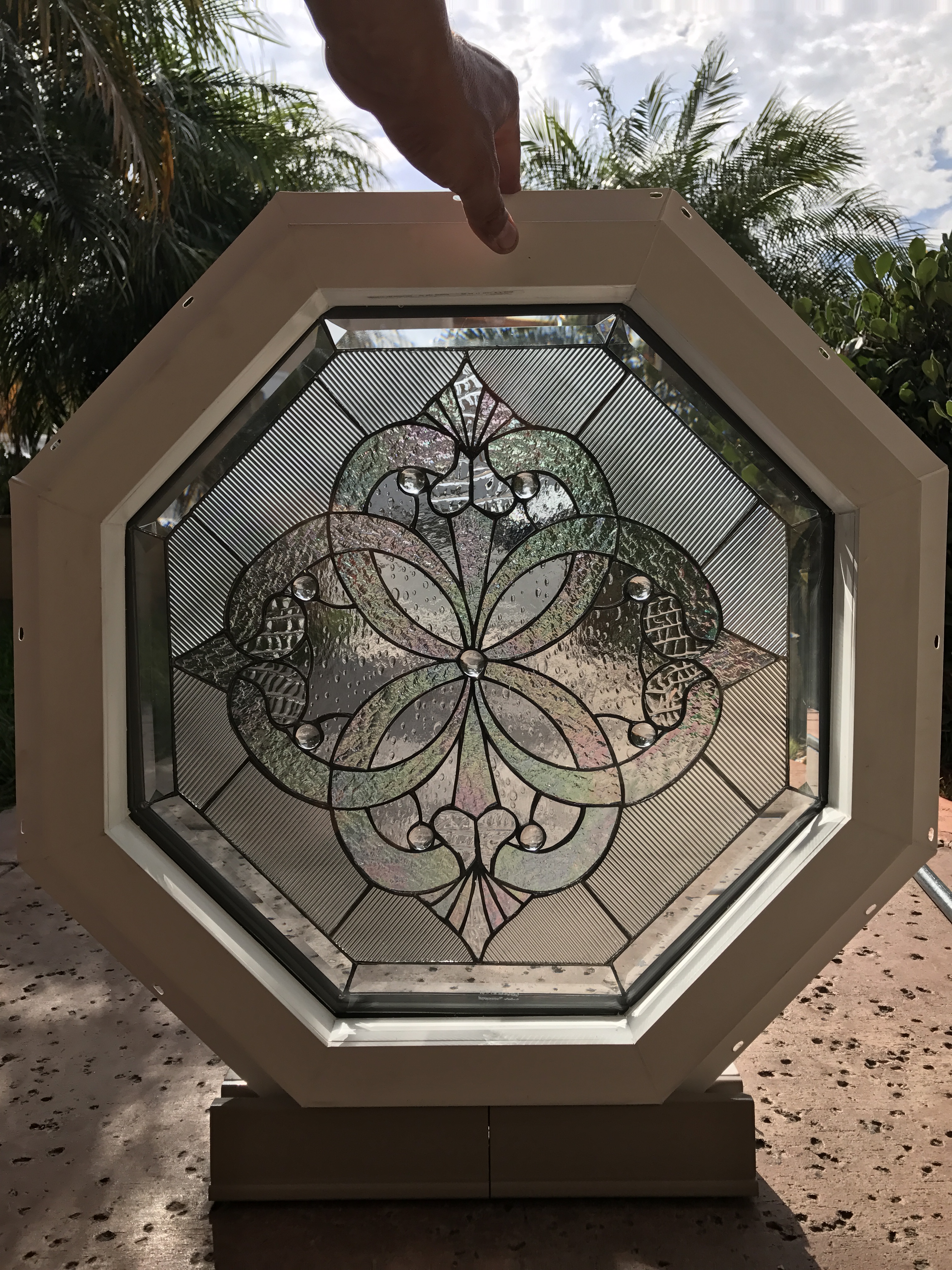 Complete unit! "Octagonal Windsor" Stained Leaded Glass Iridescent & Beveled Panel Insulated