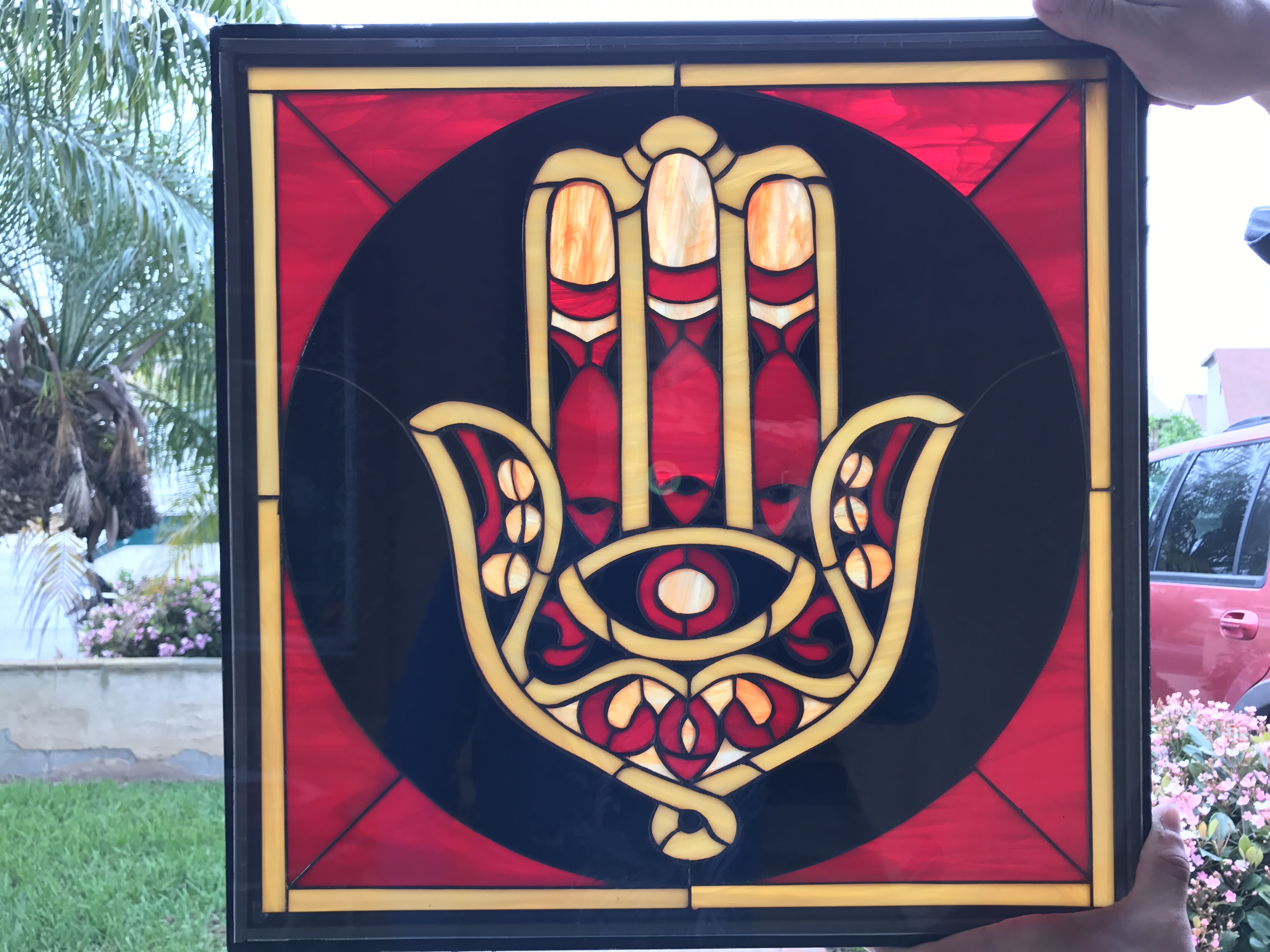 The "Hamsa Symbol" Leaded Stained Glass Window Panel