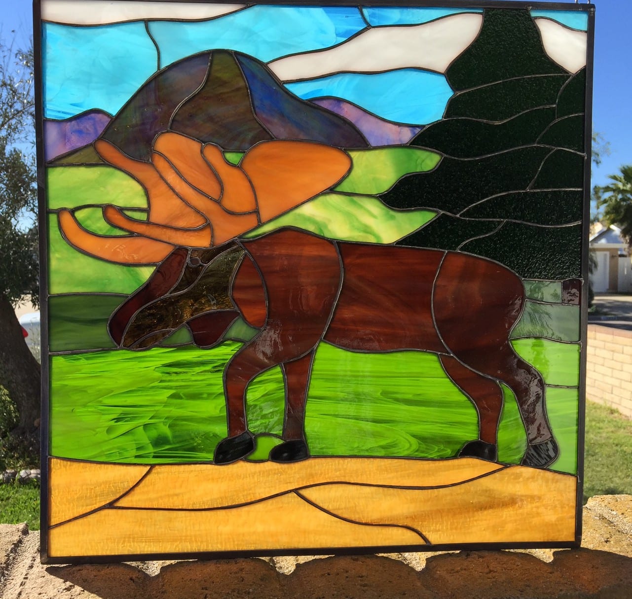 Moose and Pine Tress & Mountain Stained Glass Panel