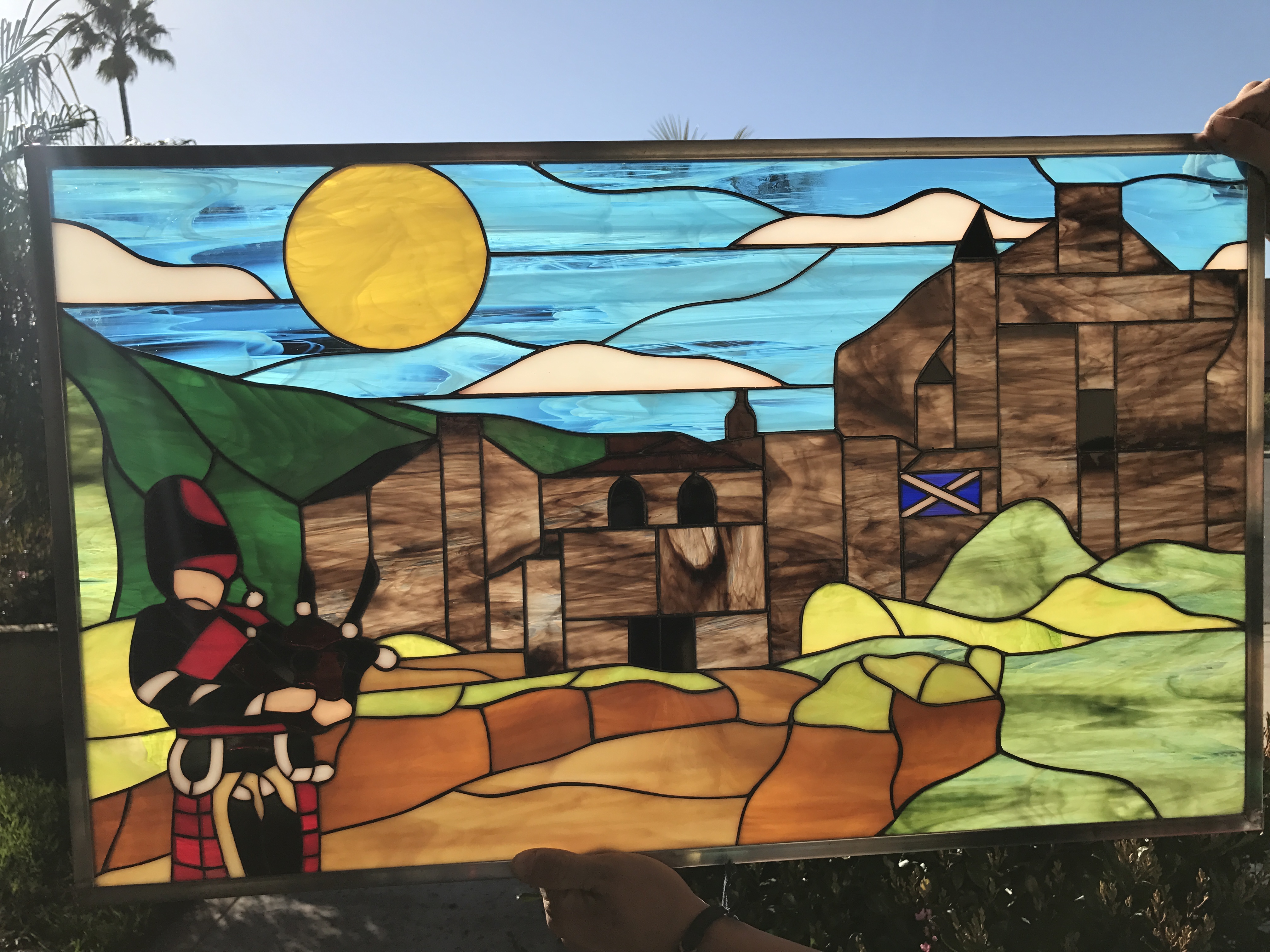 All Original Scottish/Scotland Bagpiper & Castle Leaded Stained Glass Window Panel