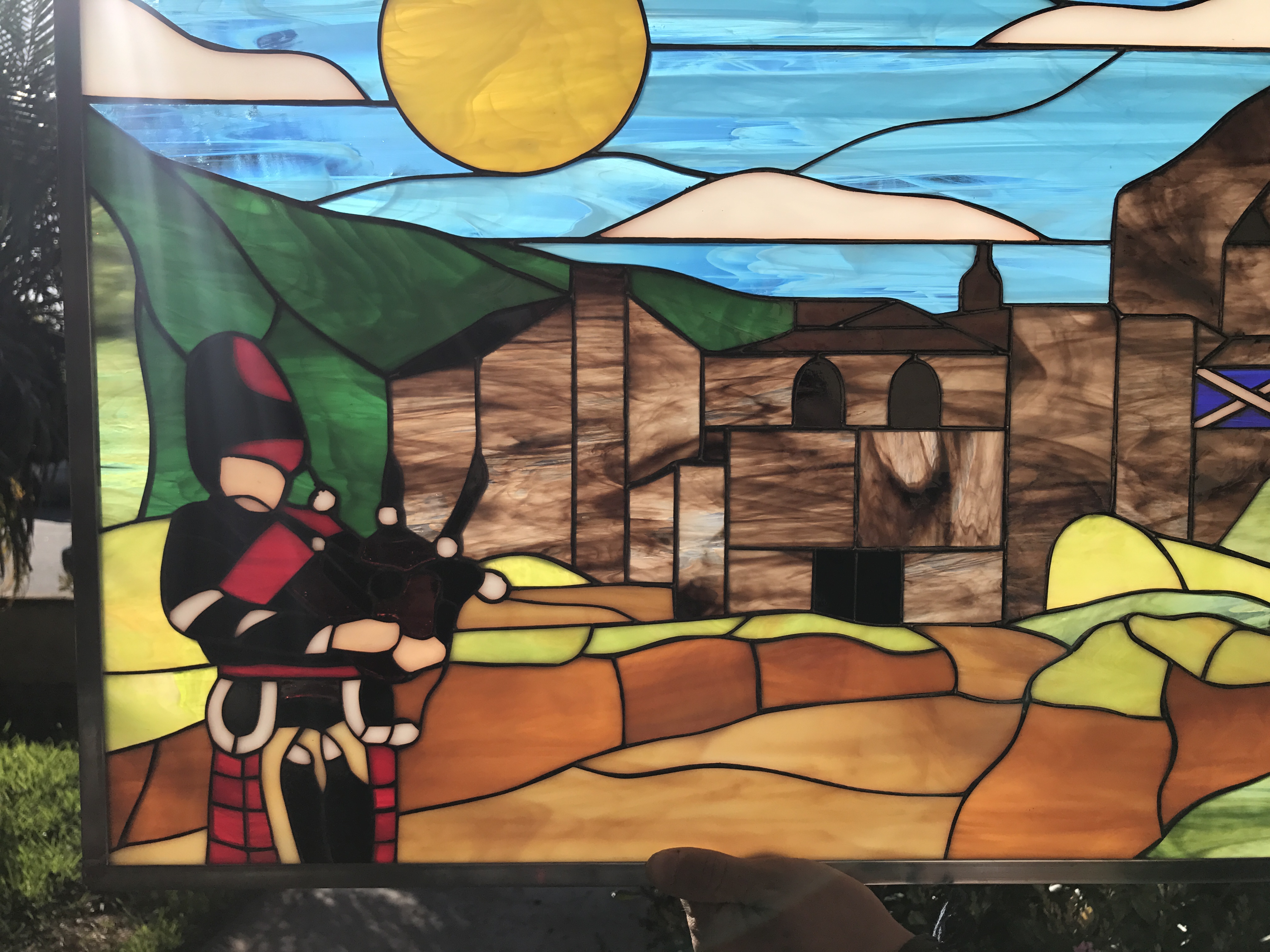All Original Scottish/Scotland Bagpiper & Castle Leaded Stained Glass Window Panel