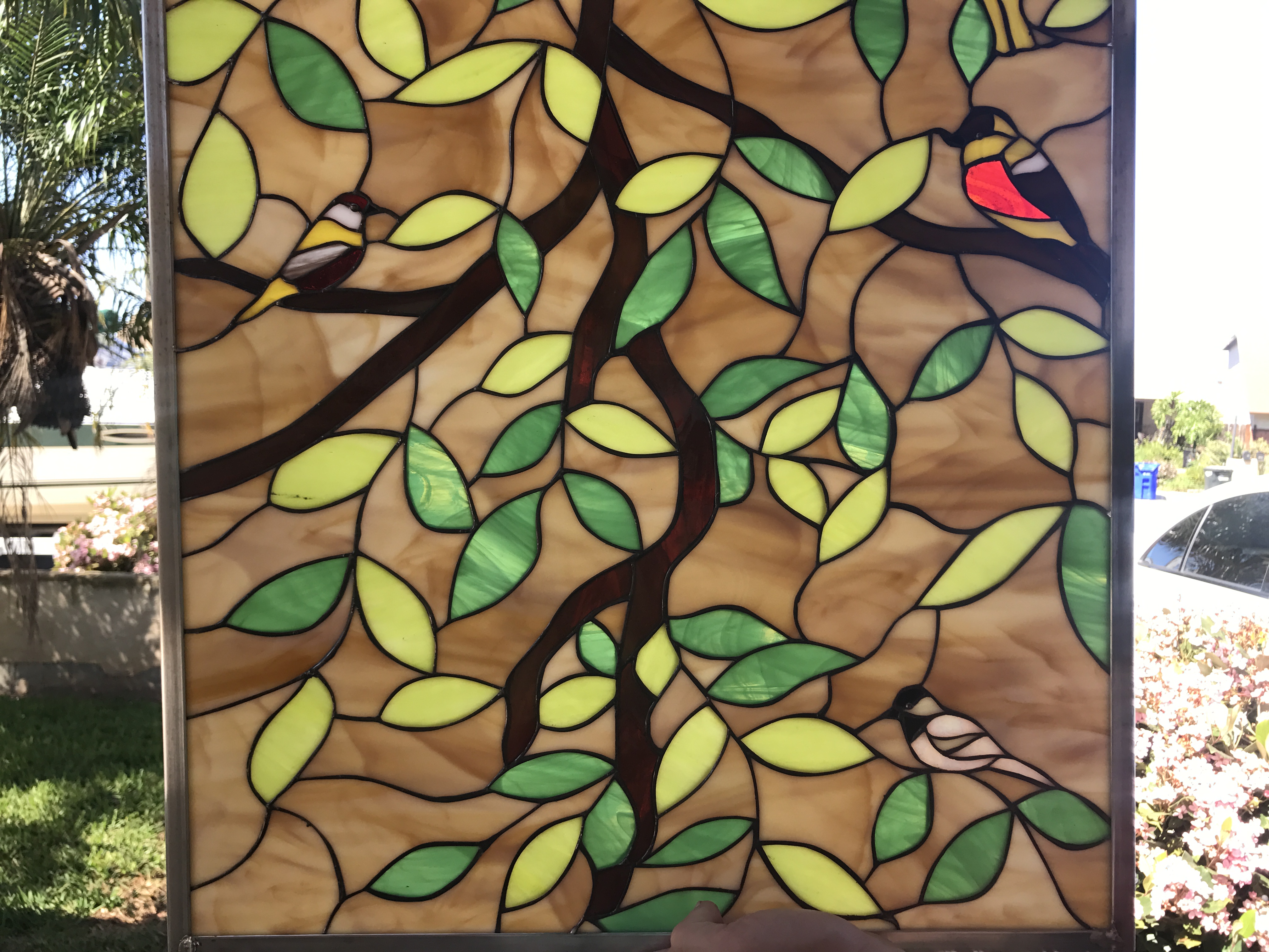 Leaded Stained Glass Magnolia Leaves & Birds Window Panel
