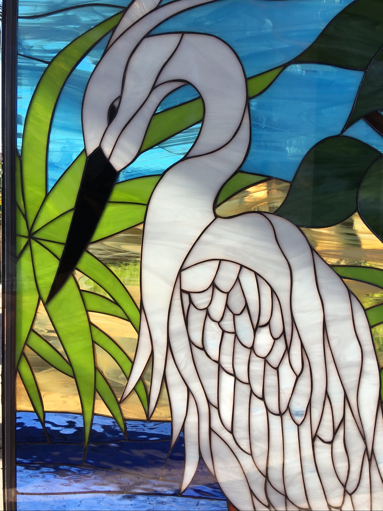 Triple glazed! Large White Egret/Heron & Pond Leaded Stained Glass