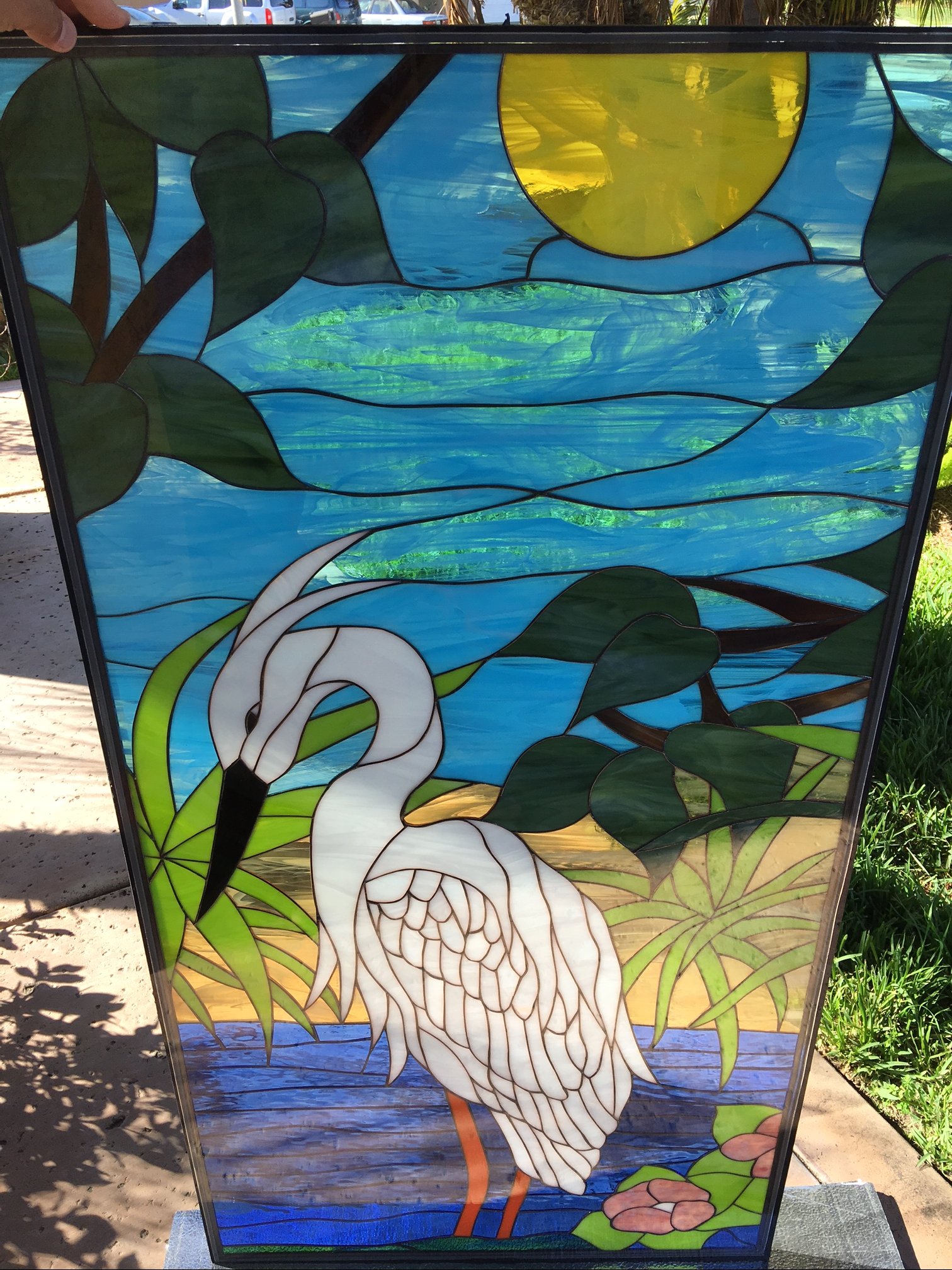 Triple glazed! Large White Egret/Heron & Pond Leaded Stained Glass