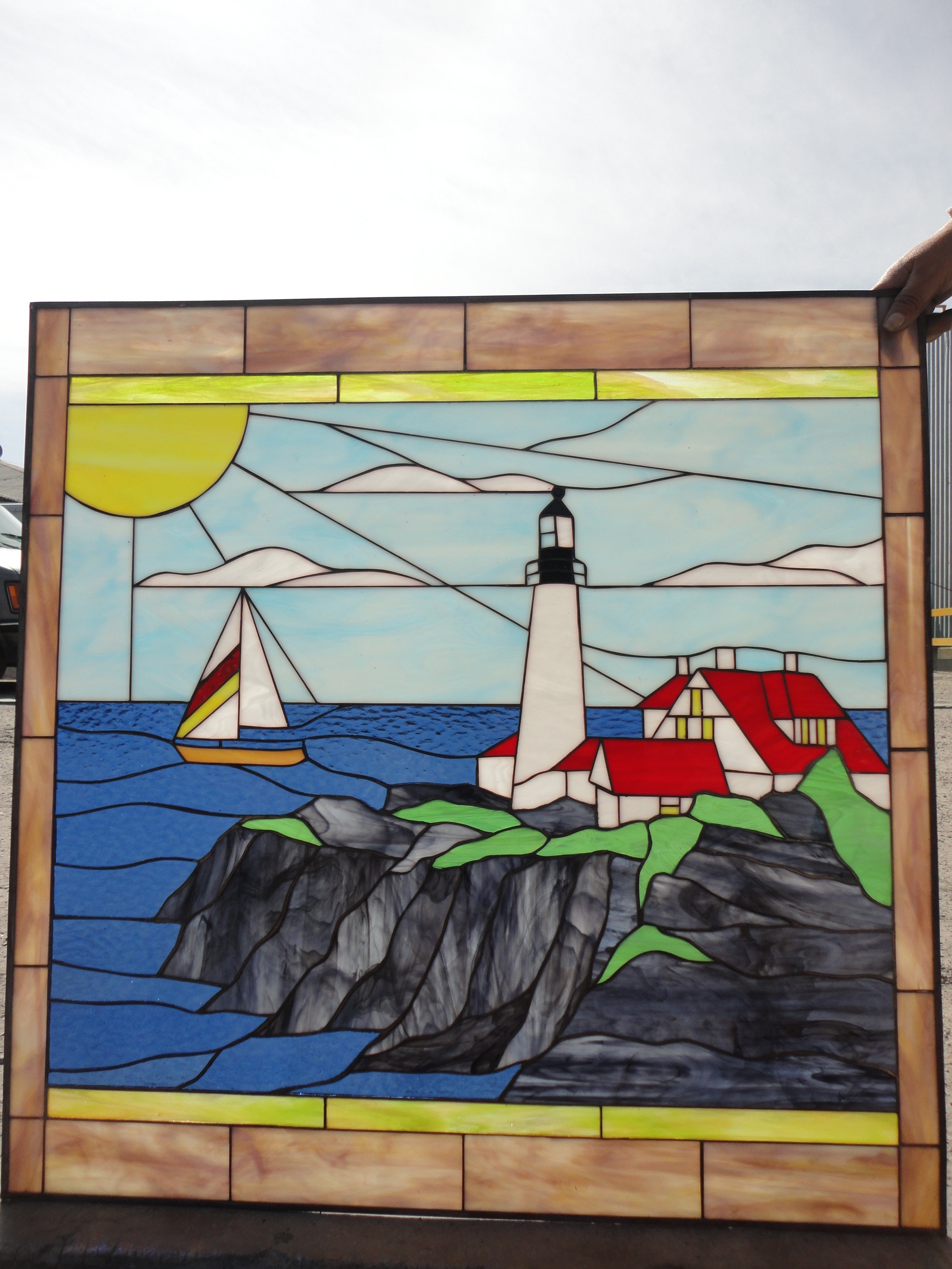 Classic East Coast Lighthouse & Sailboat Leaded Stained Glass Window