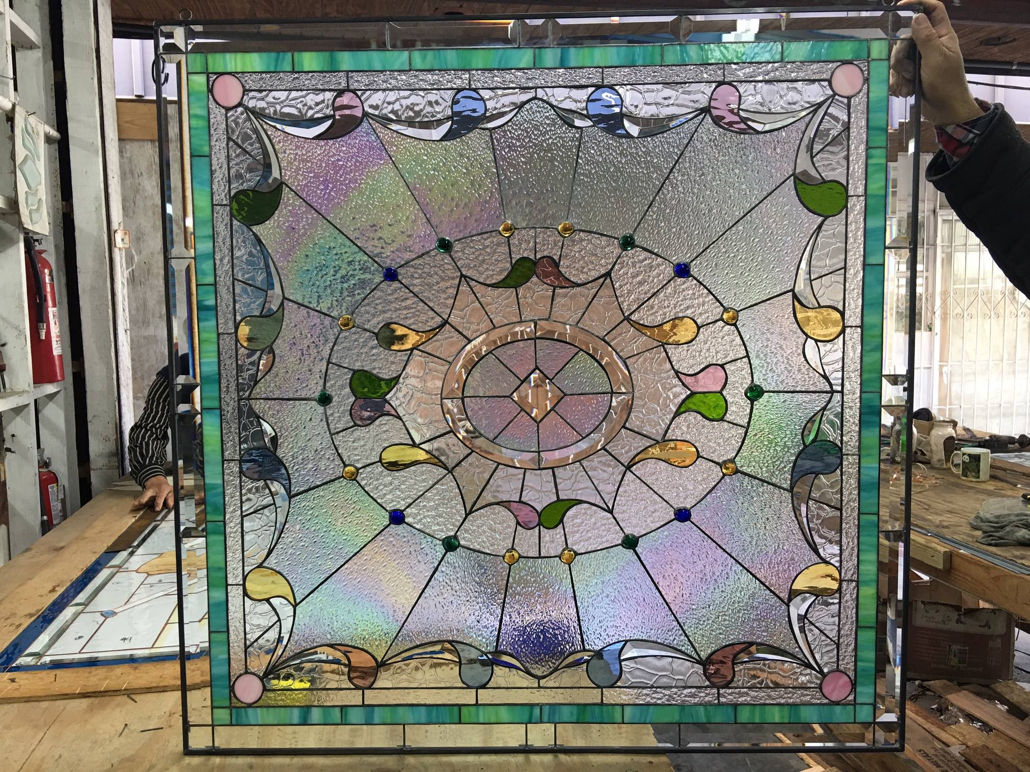 Elegant! Classic "Tear Drops & Jewels" Leaded Stained Glass Window