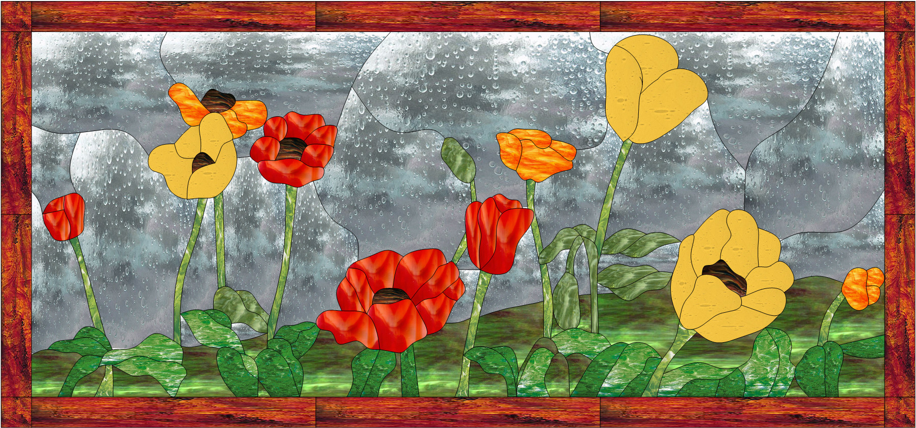 Colorful! “Poppy/Poppies” Leaded Stained Glass Window Panel Or Cabinet