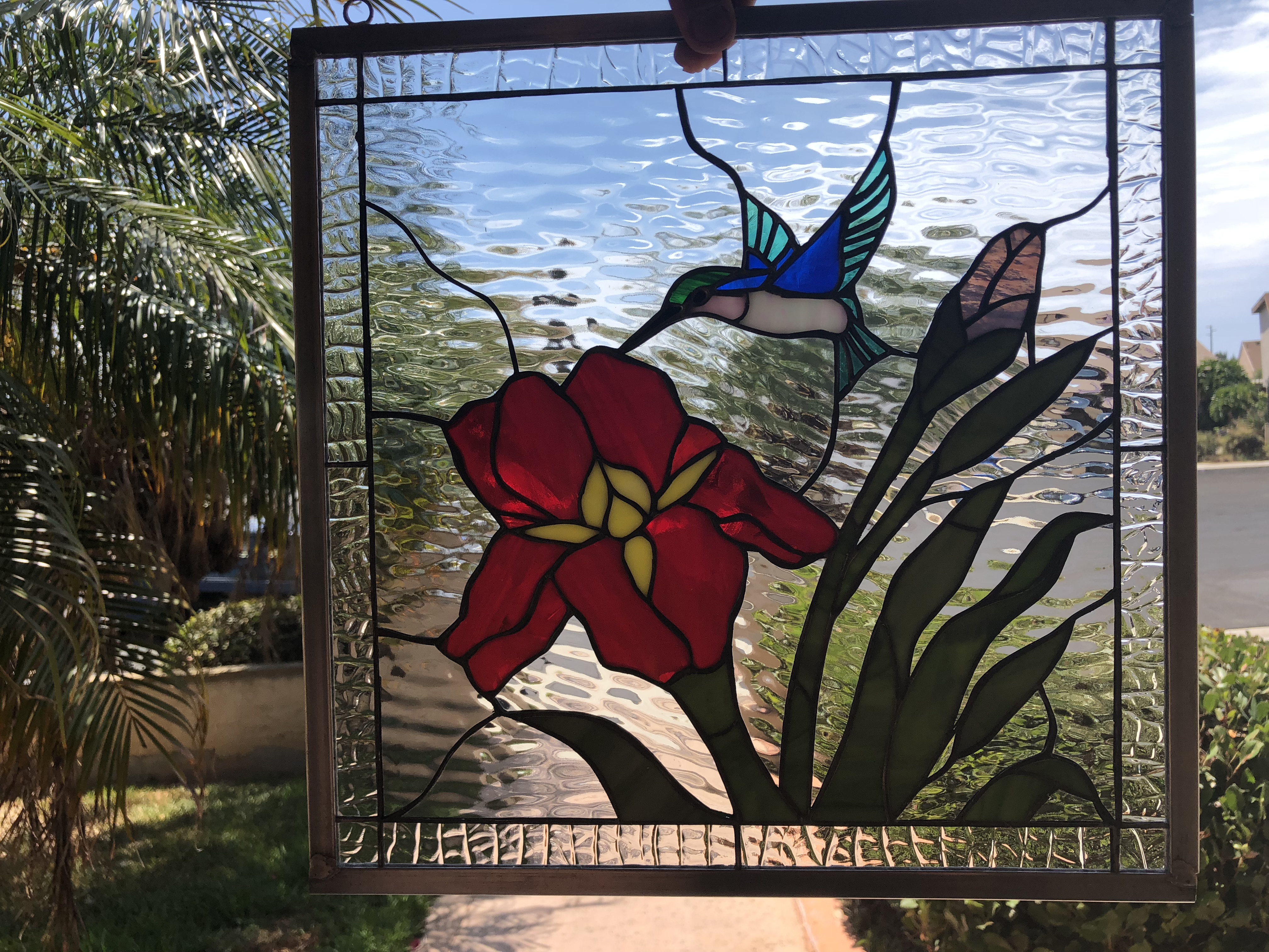 Iris & Hummingbird Leaded Stained Glass Window Panel