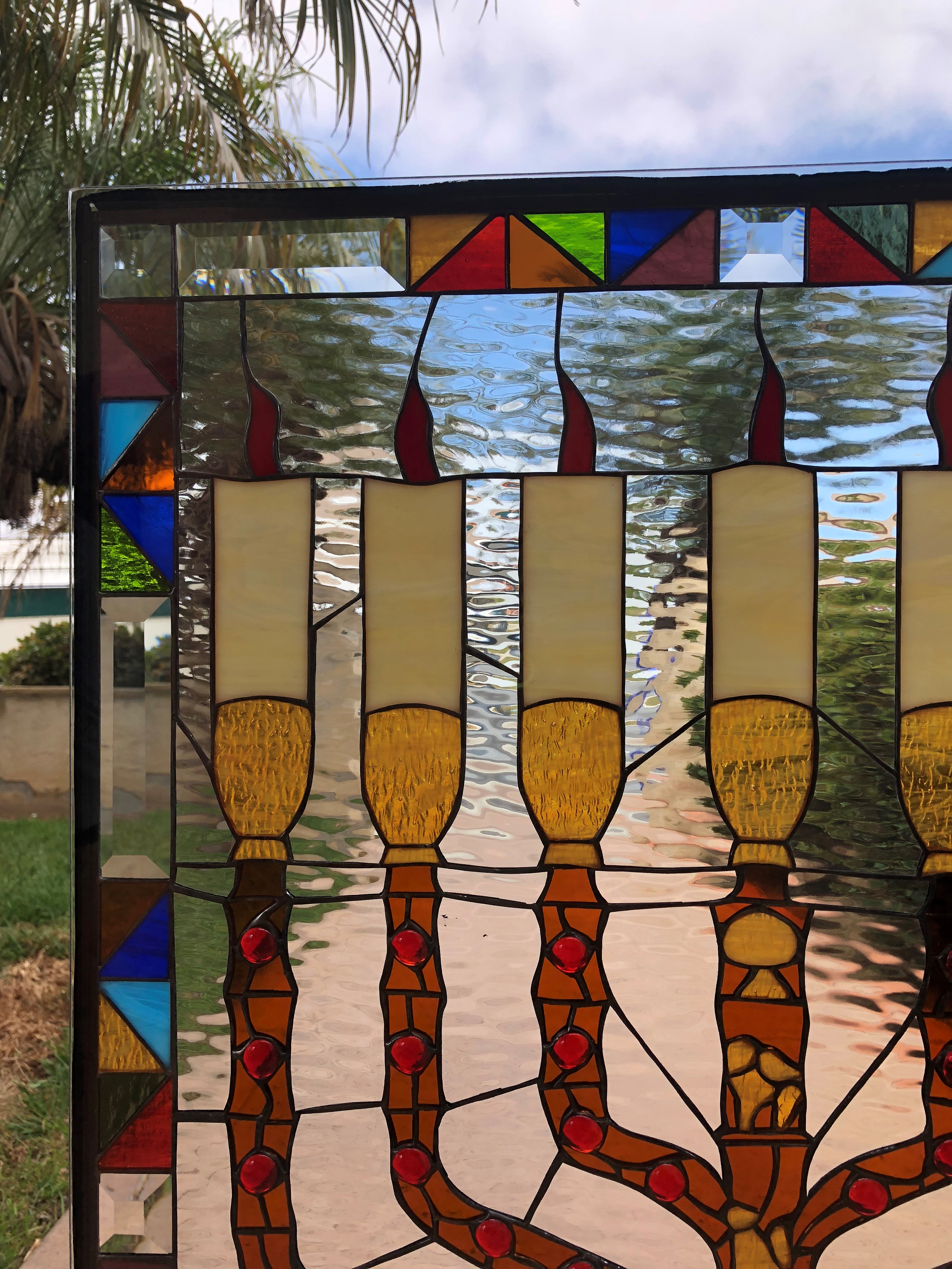 Beautiful! Menorah Stained Glass Window Panel