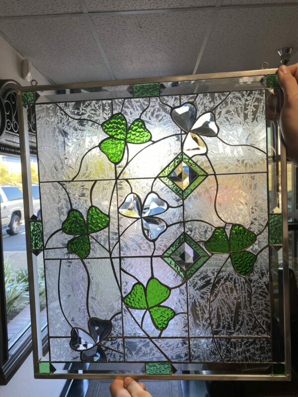 Beveled Shamrocks Leaded Stained Glass Window Panel