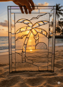 A rectangular leaded stained glass panel depicting a tropical beach scene. It features a prominent palm tree made of beveled glass, a setting sun, and ocean waves, all against a textured clear glass background, held up on a sandy beach at sunset.