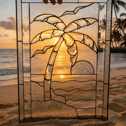 A rectangular leaded stained glass panel depicting a tropical beach scene. It features a prominent palm tree made of beveled glass, a setting sun, and ocean waves, all against a textured clear glass background, held up on a sandy beach at sunset.