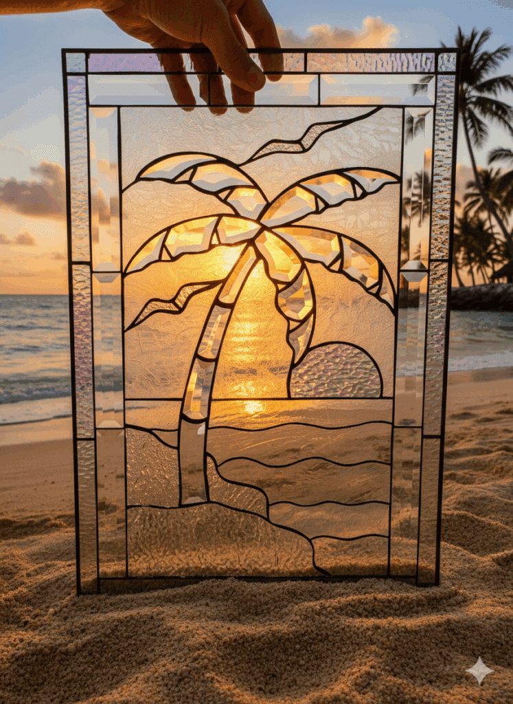 A rectangular leaded stained glass panel depicting a tropical beach scene. It features a prominent palm tree made of beveled glass, a setting sun, and ocean waves, all against a textured clear glass background, held up on a sandy beach at sunset.