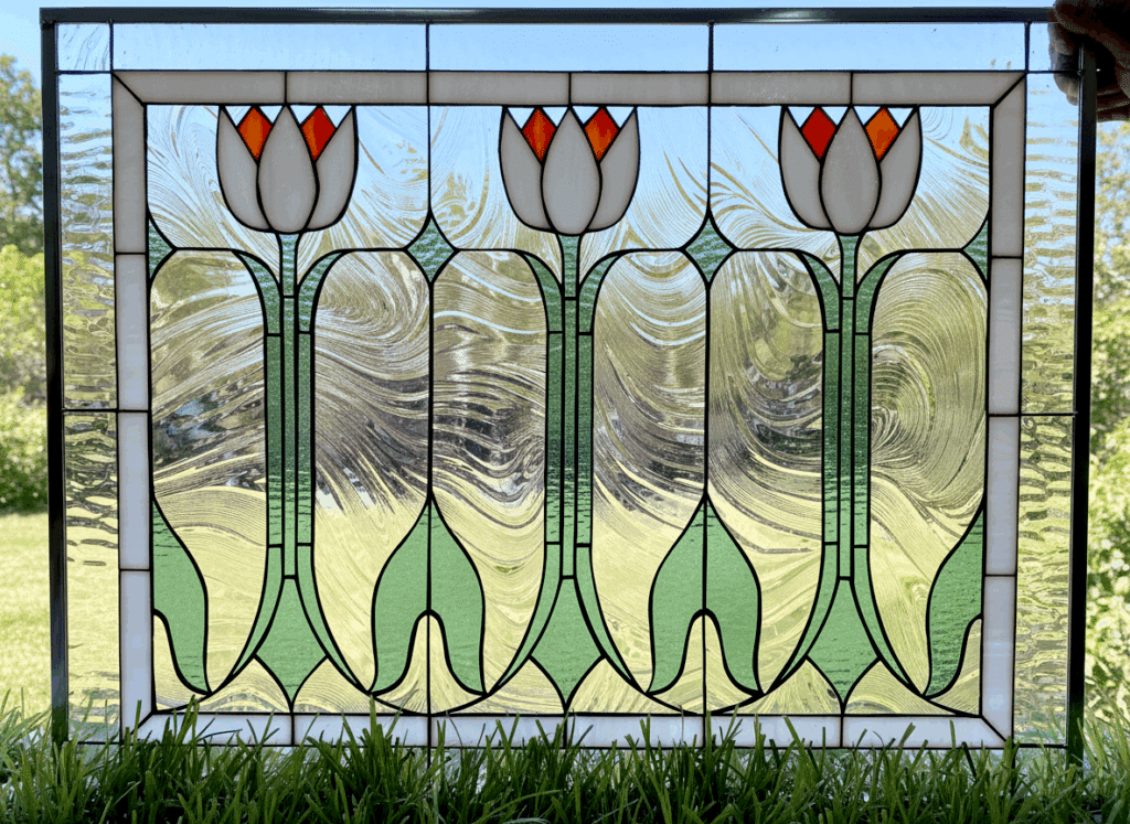 Classic English Tulips Leaded Stained Glass Window Panel