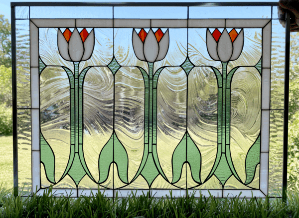 Classic English Tulips Leaded Stained Glass Window Panel