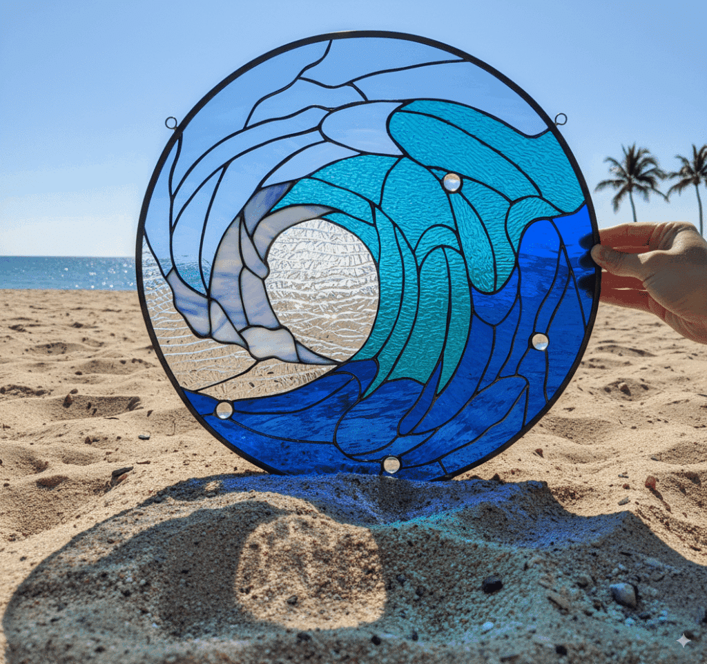 A round stained glass panel depicting a stylized breaking ocean wave in various shades of blue and clear textured glass, featuring clear glass beads, displayed on a sandy beach with the ocean and a palm tree in the background.