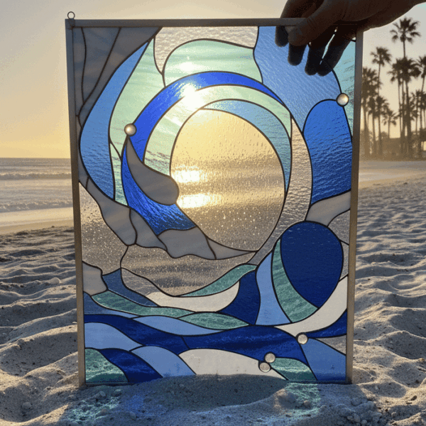 Incredible Cresting Ocean Wave Leaded Stained Glass Window Panel