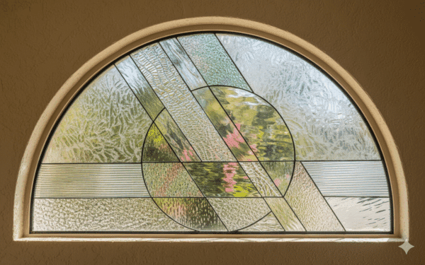 An arched, leaded stained glass window featuring an abstract geometric design. A central circle is intersected by diagonal bands, all crafted from a variety of clear, textured, and beveled glass pieces.