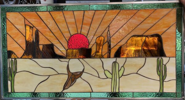 Southwestern Sunset & Butes Leaded Stained Glass Window Panel