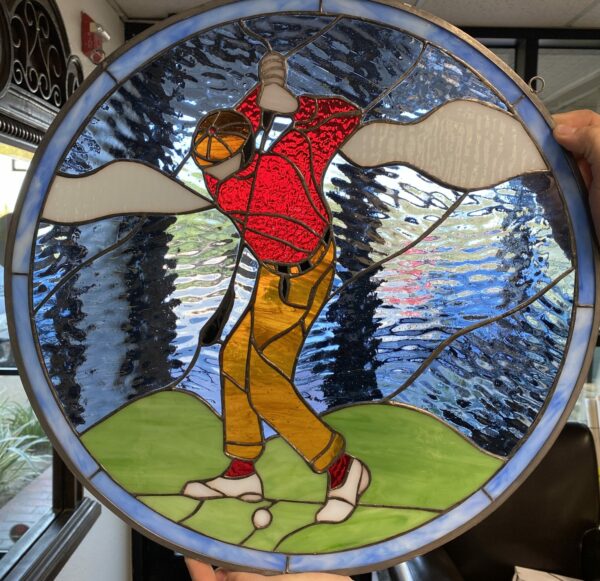 Driving It Home! Golf Leaded Stained Glass Window Panel