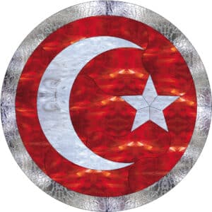 A round stained glass panel depicting the white crescent moon and five-pointed star of the Turkish flag on a vibrant mottled red background, surrounded by a textured clear glass border.