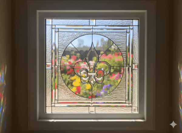 A square stained glass window with a large, beveled glass Fleur-de-lis in the center. The Fleur-de-lis is inside a circle and is set against a background of clear, textured privacy glass, with a geometric beveled border.