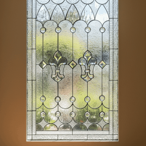 A rectangular leaded glass window with a symmetrical design featuring two central beveled Fleur-de-lis symbols. The pattern is accented with circles and diamonds, crafted from clear textured glass that provides privacy.