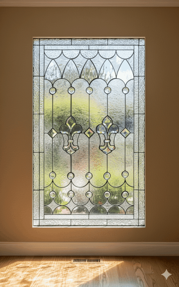 A rectangular leaded glass window with a symmetrical design featuring two central beveled Fleur-de-lis symbols. The pattern is accented with circles and diamonds, crafted from clear textured glass that provides privacy.