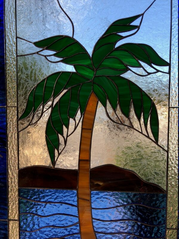 Island Palm Tree Leaded Stained Glass Window Panel