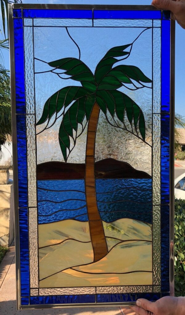 Island Palm Tree Leaded Stained Glass Window Panel