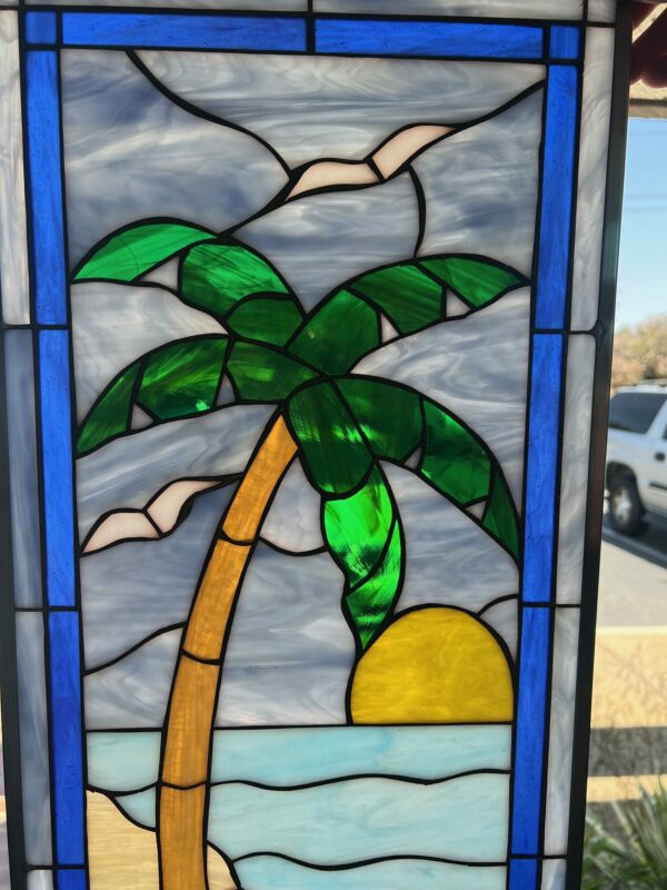 Palm Tree, Sun & Seagulls Leaded Stained Glass Window Panel