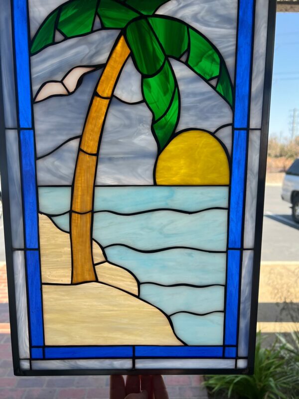 Palm Tree, Sun & Seagulls Leaded Stained Glass Window Panel